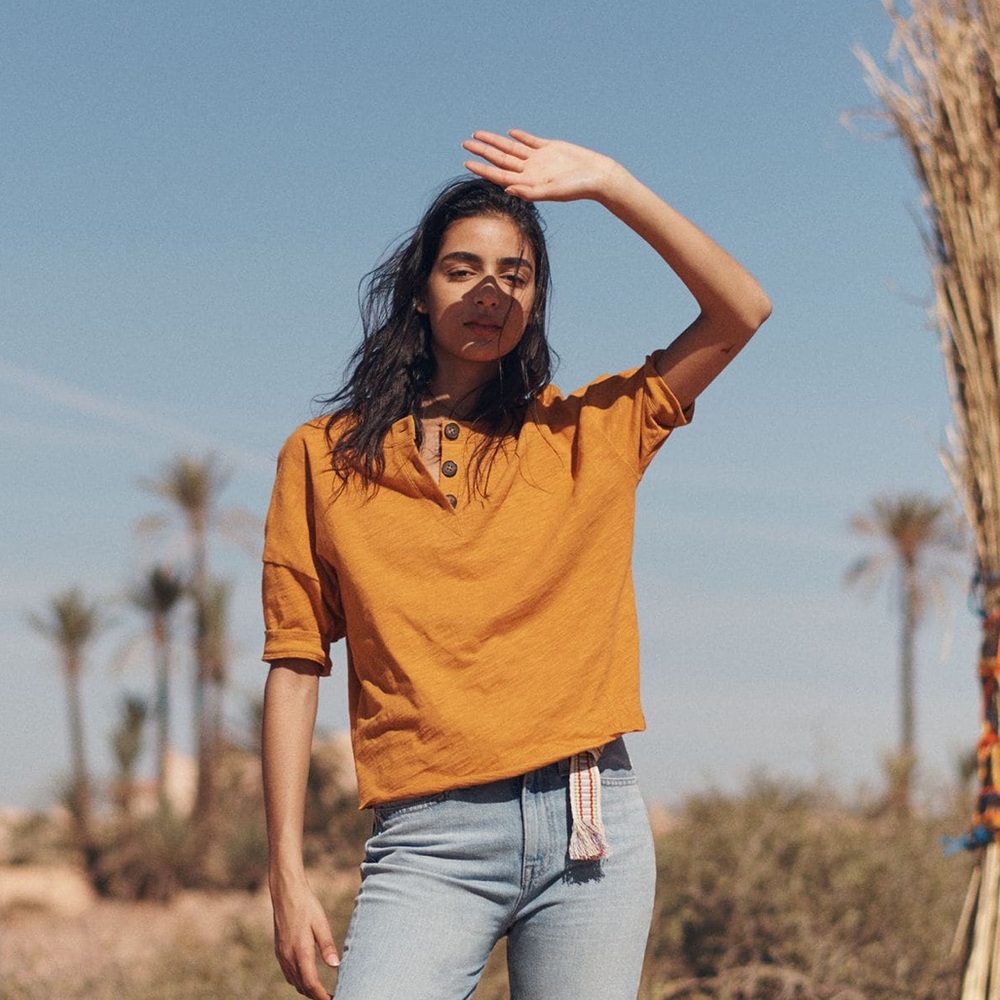 Madewell Cropped Henley Tee in Mustard Yellow